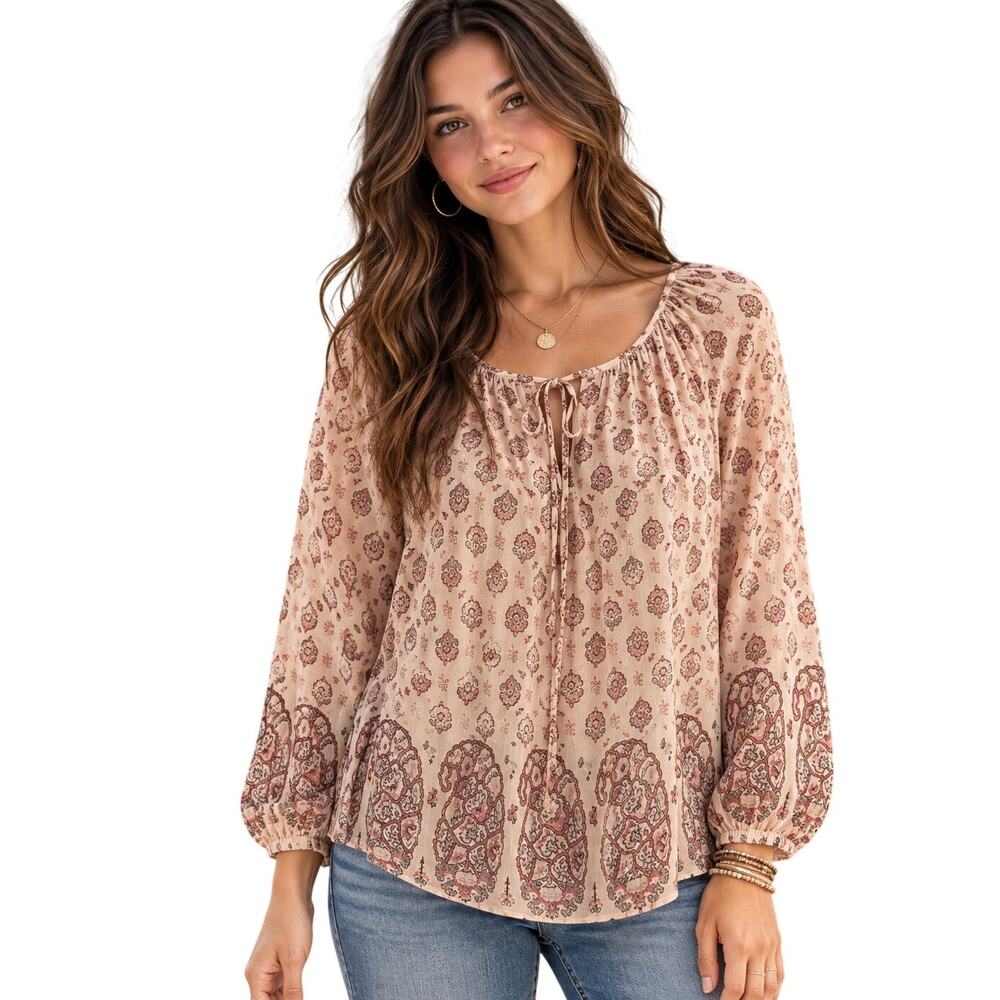 Lucky Brand Paisley Popover Blouse Womens Size Small Cream Pink Gray Peasant Top